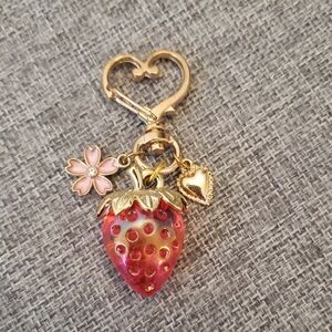 Strawberry Bag Charm Keychain with Heart and Flower